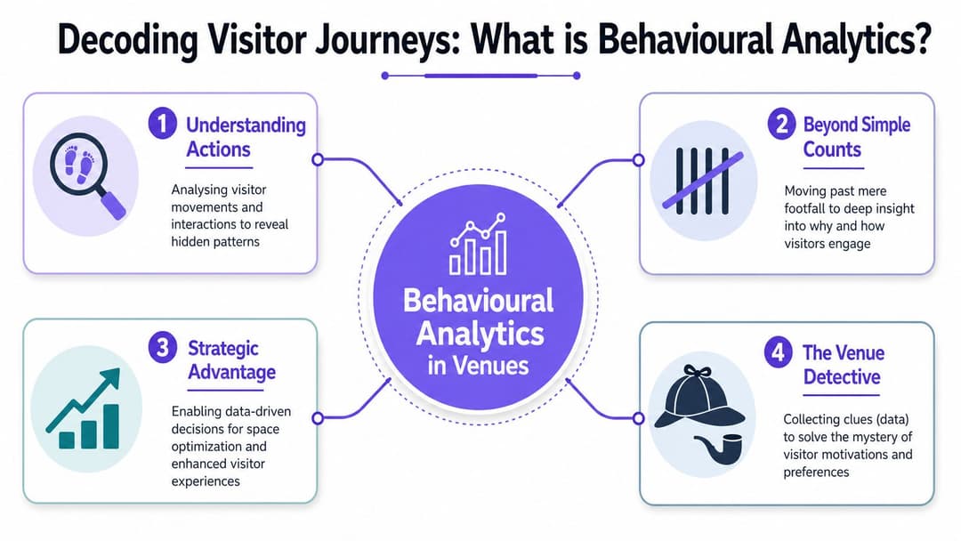 An infographic titled Decoding Visitor Journeys explains behavioral analytics in venues through four key concepts and icons.