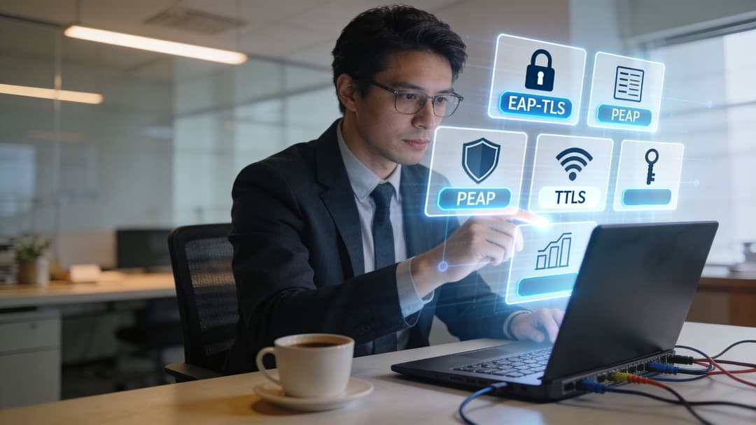 Ein professioneller Mann arbeitet an einem Laptop mit interaktiven Cybersecurity-Symbolen für die Netzwerkauthentifizierung.