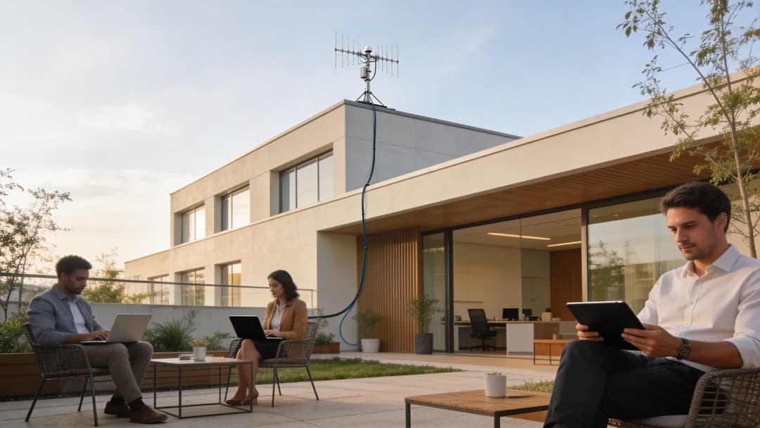 Profissionais trabalhando em laptops e um tablet fora de um edifício de escritórios moderno com uma antena no teto