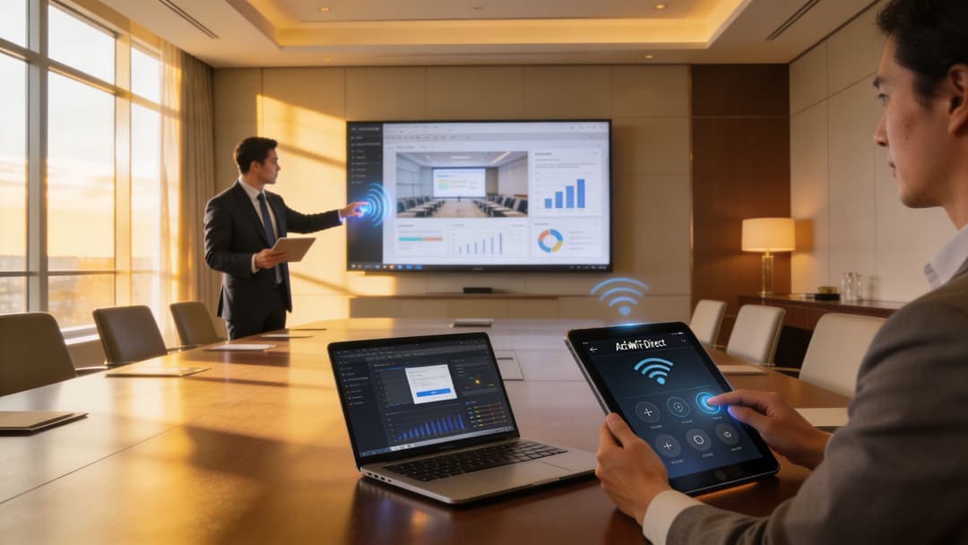 A professional business meeting where a man uses a tablet to wirelessly cast presentation data via WiFi Direct.