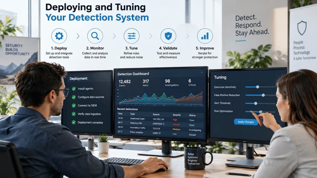 A professional team working on cybersecurity detection systems, monitoring live data analytics and tuning security rules.