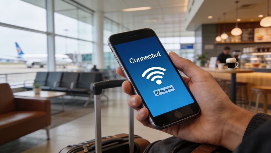 A traveler holds a smartphone in an airport terminal displaying a connected Wi-Fi status on screen.