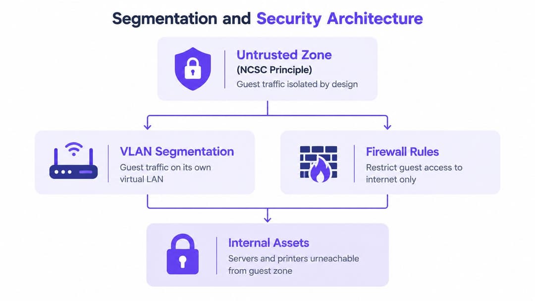 A diagram illustrating a secure guest WiFi network architecture using VLAN segmentation and firewall rules to protect internal assets.