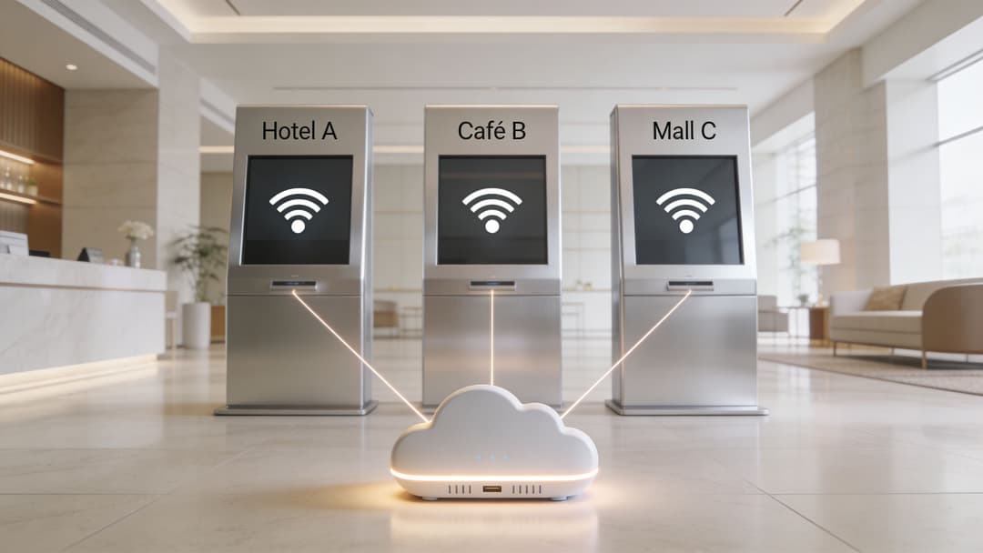 A cloud-shaped networking device providing centralized connectivity to three separate digital kiosks labeled Hotel, Cafe, and Mall.