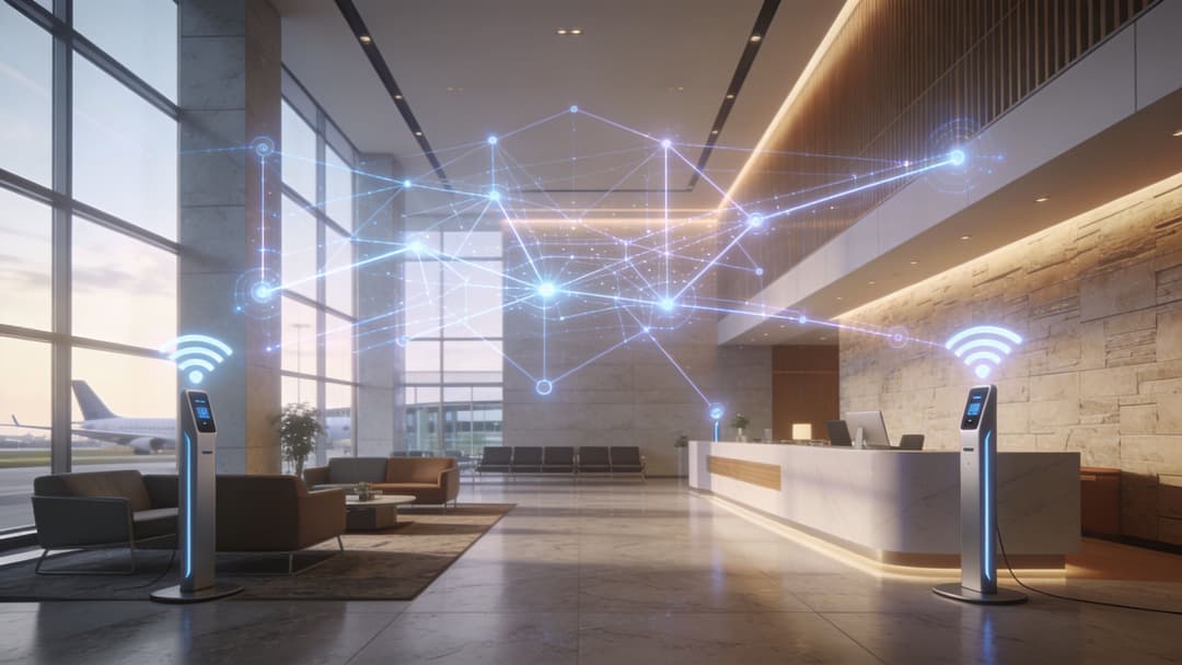 A modern airport terminal lobby featuring two digital kiosks with WiFi icons and a digital network overlay.