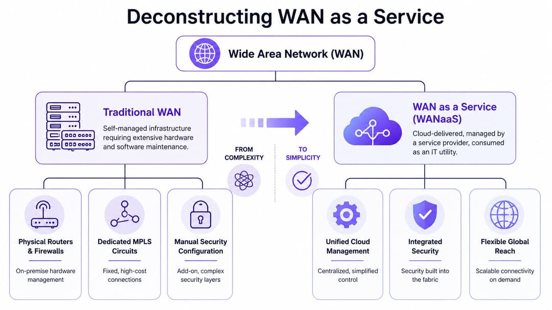 A diagram comparing traditional WAN infrastructure with the simplified cloud-delivered WAN as a Service model.