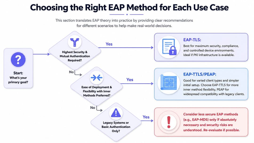 A flowchart infographic showing how to select the appropriate EAP authentication method for various network use cases.