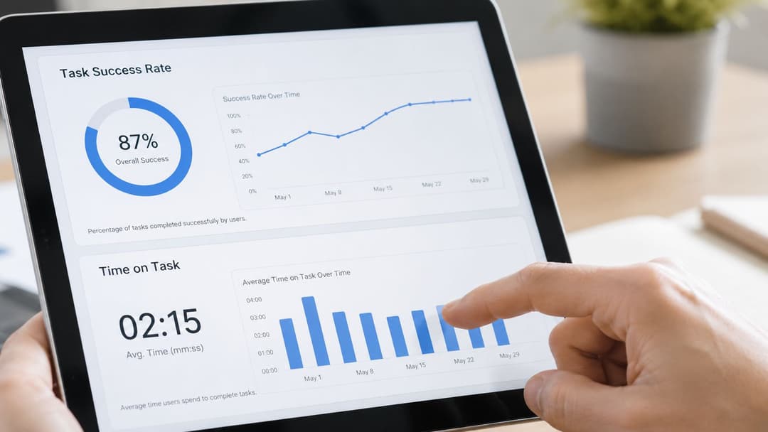 Eine Person, die ein Tablet verwendet, um Dashboards für UX-Analysen anzuzeigen, die Erfolgsquoten bei Aufgaben und Zeiten darstellen.