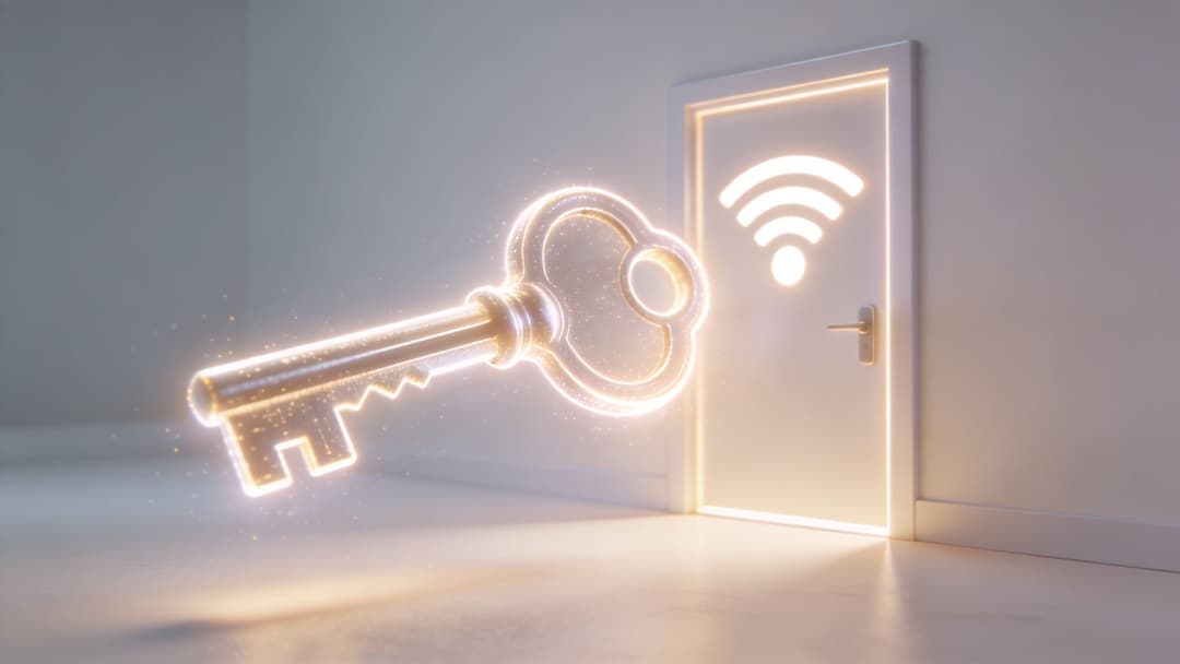 A glowing digital key floating towards a door with a Wi-Fi symbol representing network password security.