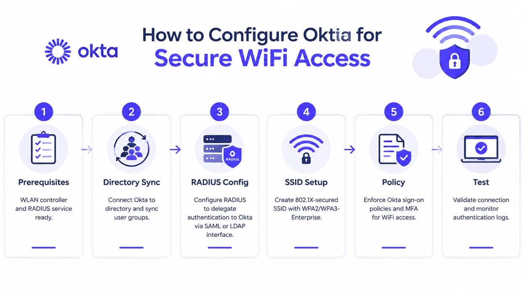 一個六步驟的流程圖,說明如何設定 Okta,以使用 RADIUS 和政策進行安全的 WiFi 存取。