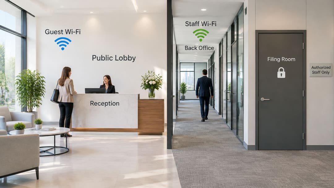 Un hall d'accueil de bureau moderne avec une réceptionniste, des invités, ainsi que des zones WiFi dédiées et des zones à accès restreint.