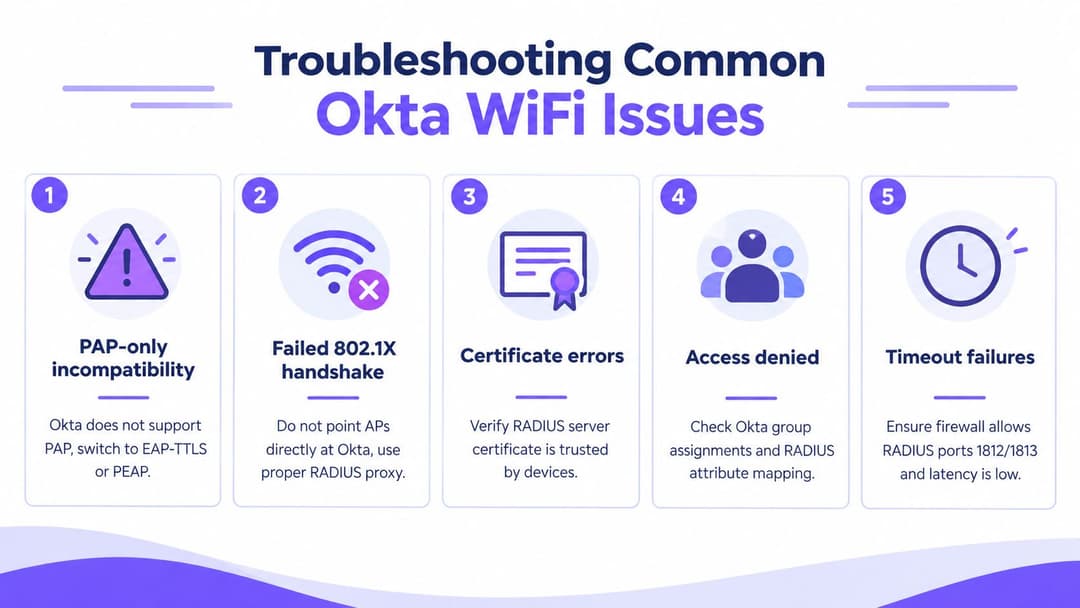 一張標題為「排查常見 Okta WiFi 問題」的資訊圖表,列出五個編號要點以及對應的圖示與解決方案。