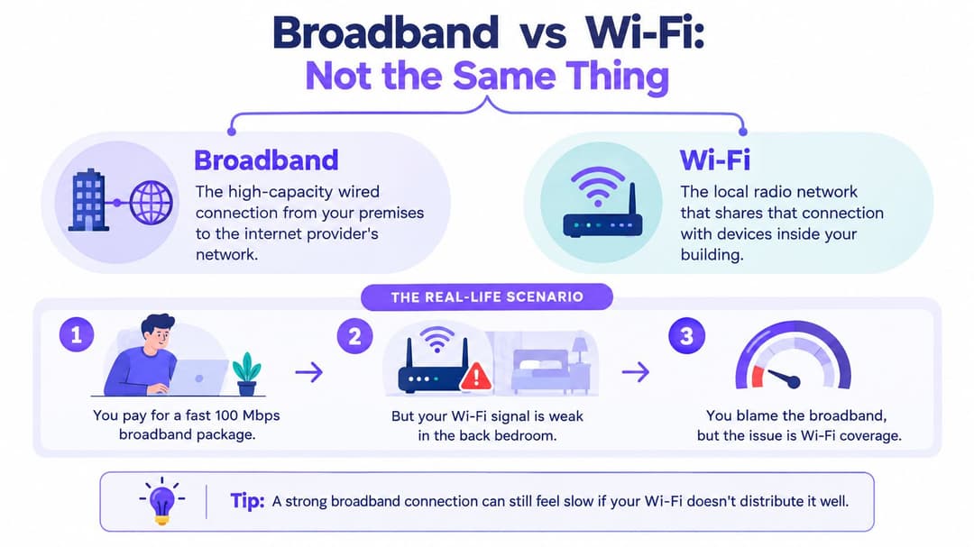 Um infográfico explicando a diferença entre internet de banda larga e cobertura de rede WiFi local para usuários domésticos.