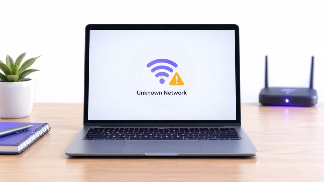 A laptop screen displaying an unknown network connection error icon on a wooden desk with a router.