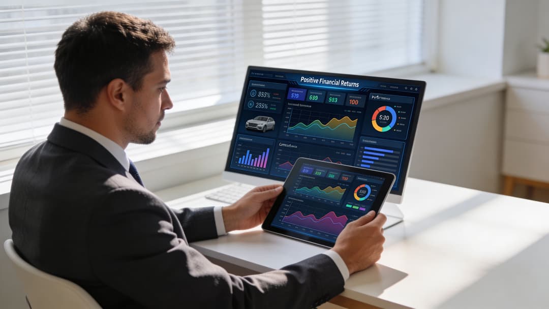Un uomo professionista in giacca e cravatta che esamina le analisi finanziarie sul suo computer desktop e dispositivo tablet.