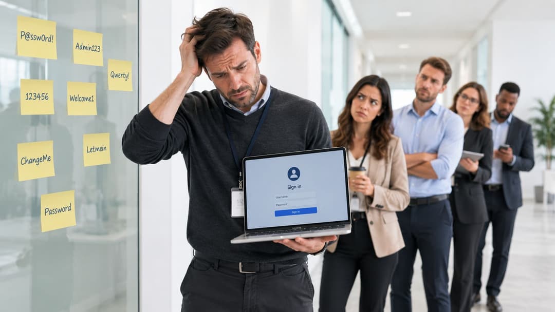 A confused office worker holding a laptop with a sign-in screen near sticky notes with passwords.
