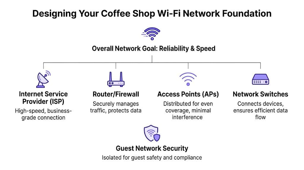 Ein Diagramm, das die wesentlichen Komponenten eines zuverlässigen und sicheren WiFi-Netzwerks für Cafés zeigt.