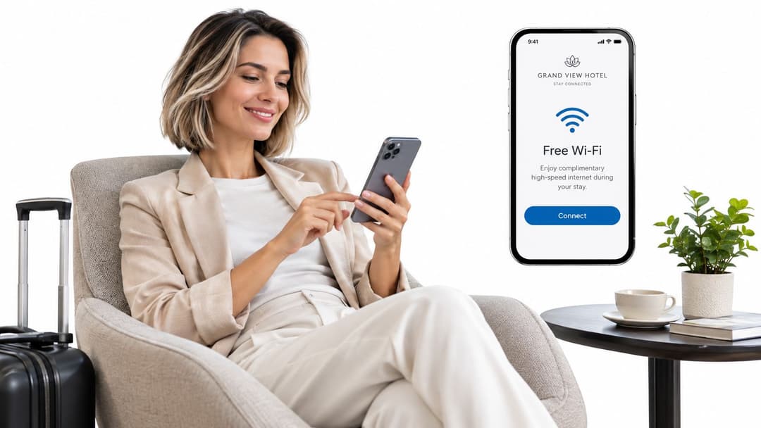 一名位於飯店休息室的女士正在使用智慧型手機存取 Grand View Hotel WiFi 登入頁面。