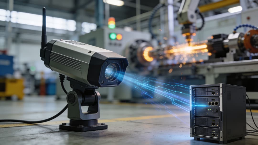 A surveillance camera monitors a robotic welding machine while transmitting digital data to an industrial server rack.