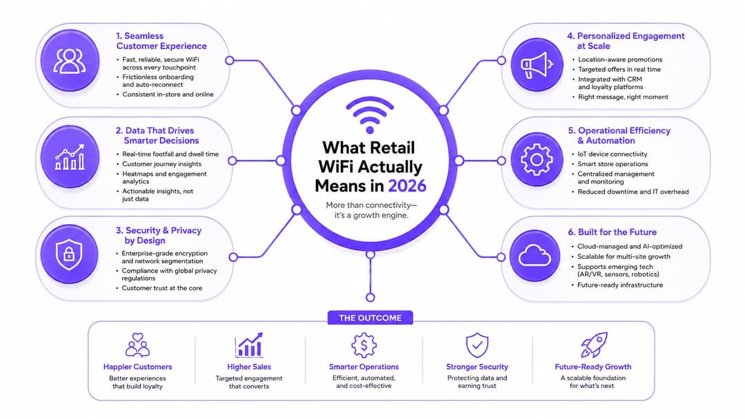 Un diagrama que ilustra seis beneficios clave del WiFi para el comercio minorista en 2026, destacando el crecimiento, la experiencia del cliente y la seguridad.
