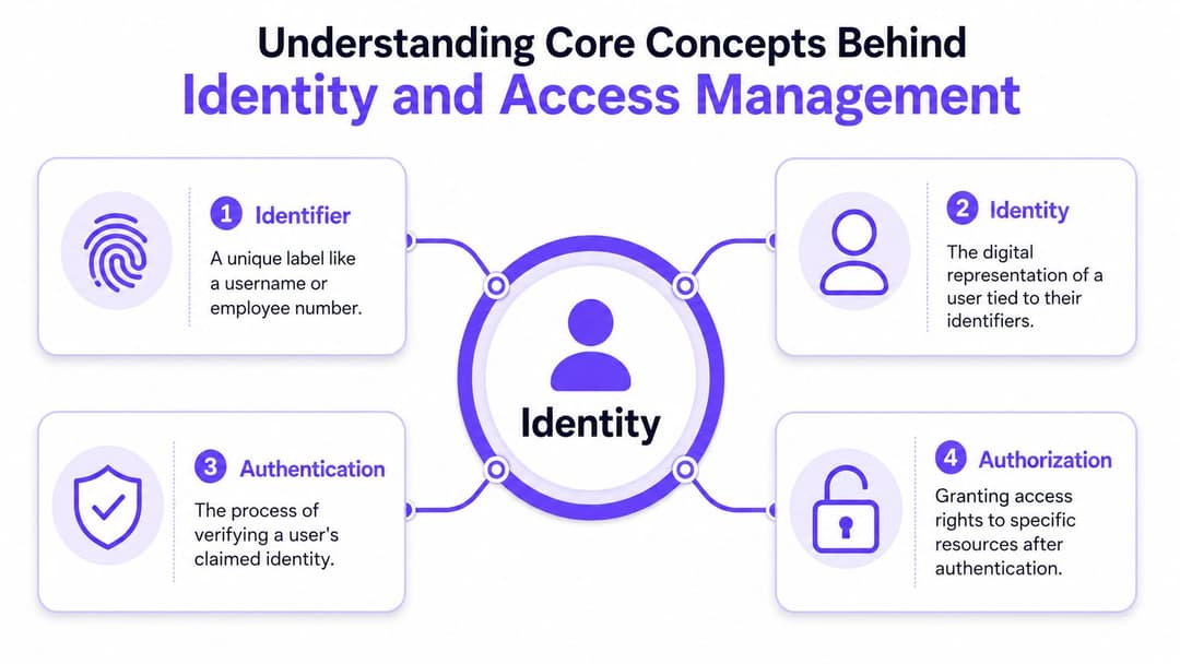 Um diagrama explicando os conceitos principais de gerenciamento de identidade e acesso, incluindo identificadores, identidade, autenticação e autorização.