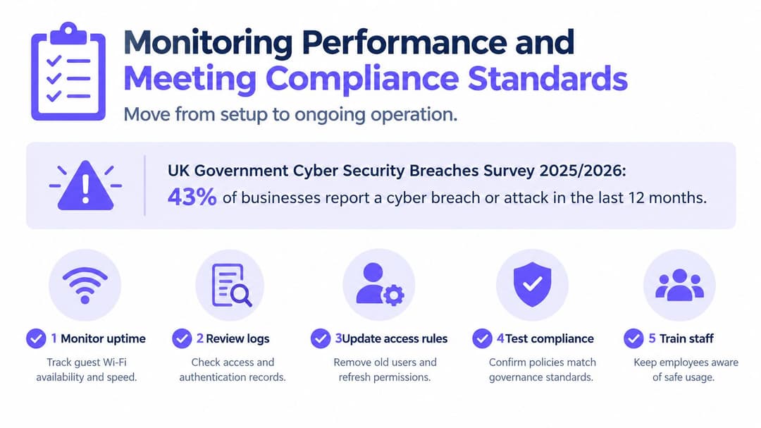 A graphic highlighting five essential steps for maintaining network performance and meeting cybersecurity compliance standards for businesses.