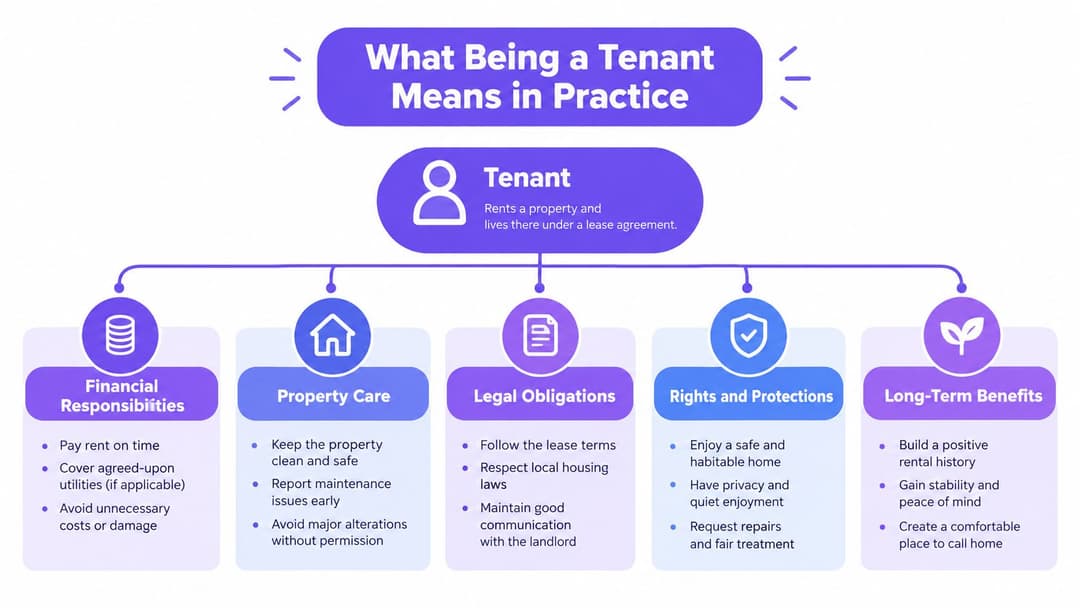 A diagram outlining tenant responsibilities, legal obligations, rights, protections, and long-term benefits of renting a property.