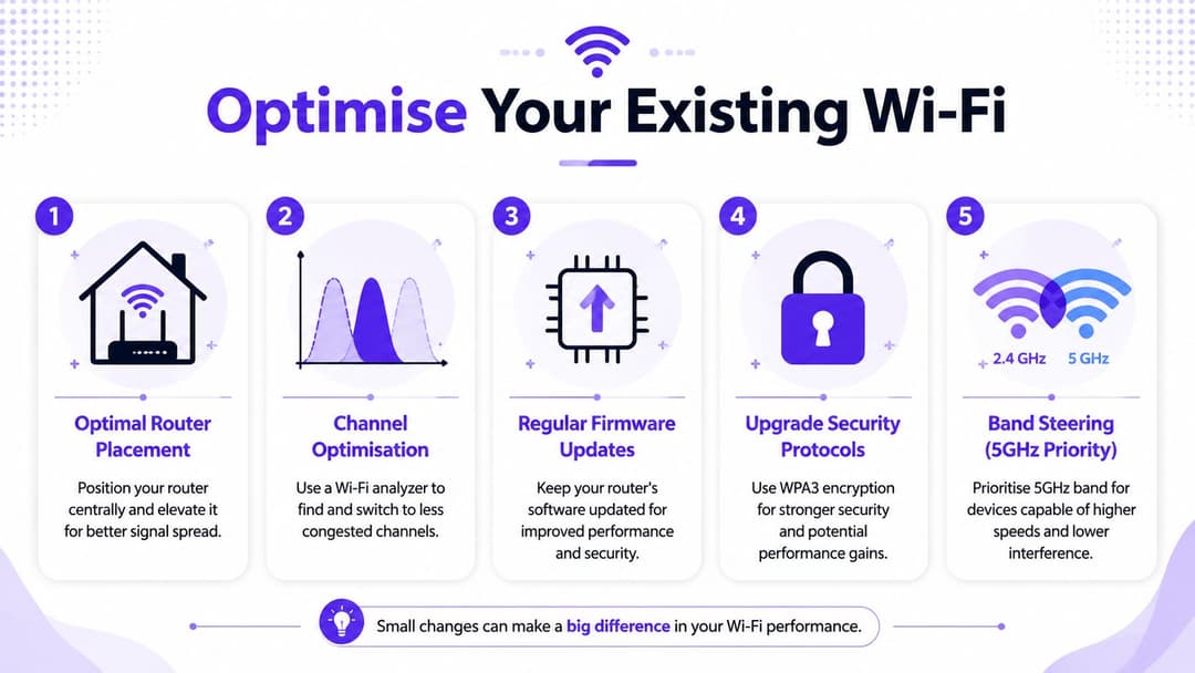Infographie montrant cinq conseils pour optimiser les performances du WiFi à la maison, y compris le positionnement du routeur et les mises à jour de sécurité.
