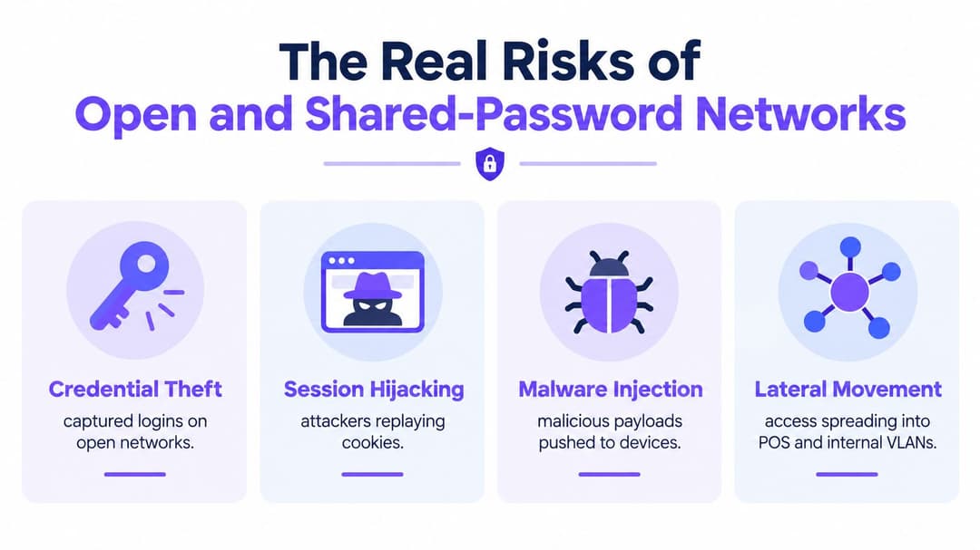 An infographic detailing the cybersecurity risks of using open and shared-password Wi-Fi networks in business settings.