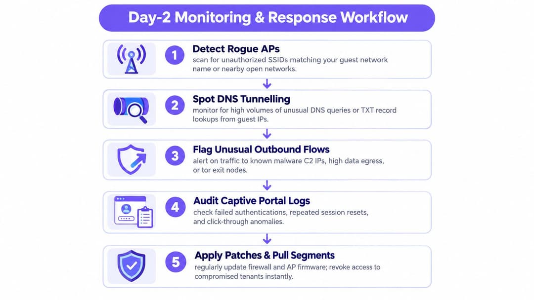 A flowchart showing the five steps of a day-2 monitoring and response workflow for network security.