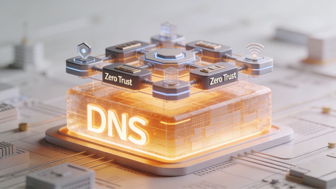A 3D visualization showing a glowing DNS block integrated with Zero Trust security architecture on a digital circuit board.