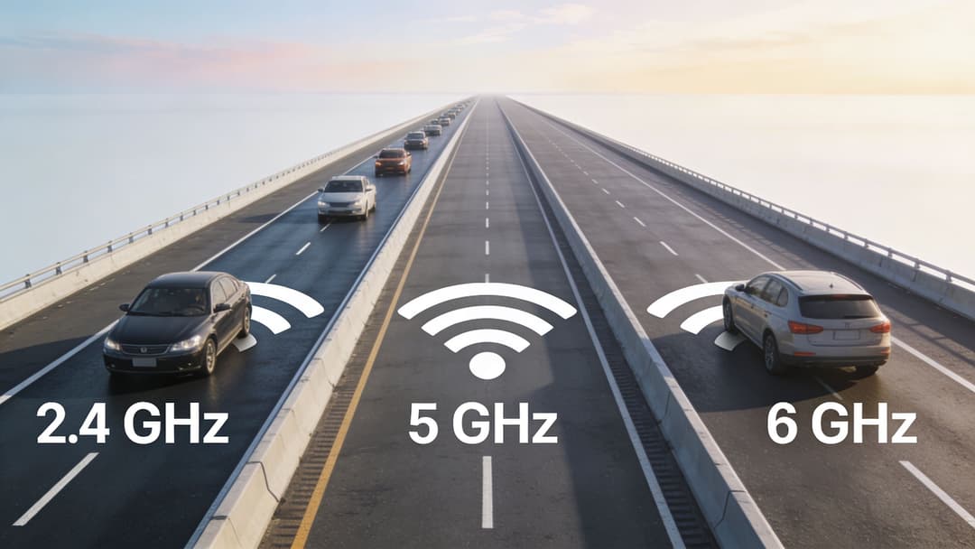 A bridge with cars labeled with 2.4 GHz, 5 GHz, and 6 GHz to represent wireless network frequencies.