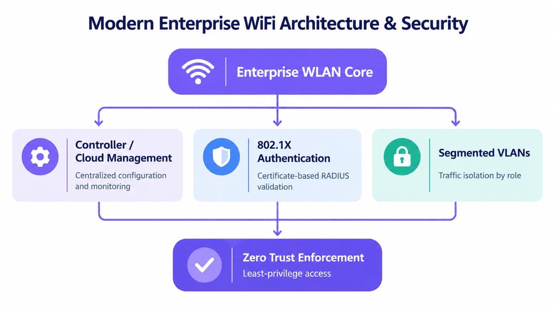 A diagram illustrating modern enterprise WiFi architecture with core components like management, authentication, VLANs, and zero trust.