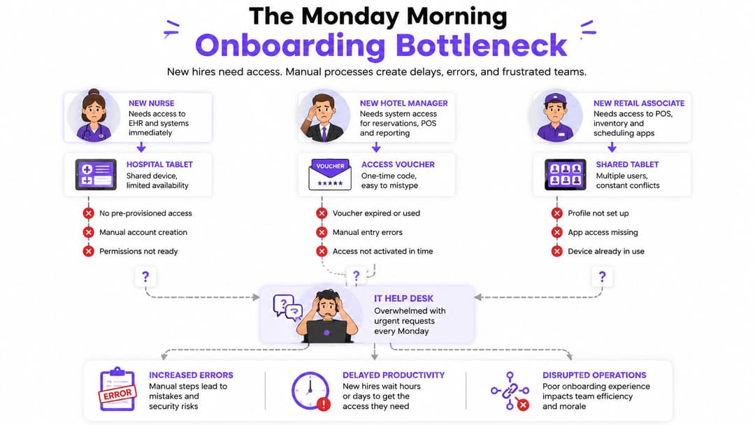 A flowchart illustrating the frustrations and bottlenecks of manual employee onboarding processes in various industries.