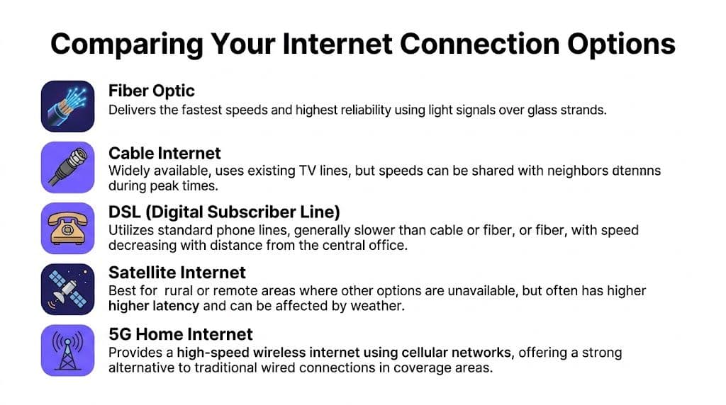 Uma lista comparando diferentes opções de conexão de internet residencial, incluindo Fibra, Cabo, DSL, Satélite e 5G.