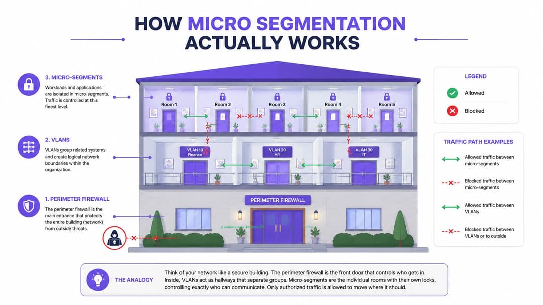 An infographic illustrating micro segmentation using a secure building analogy with perimeter firewalls, VLANs, and micro segments.