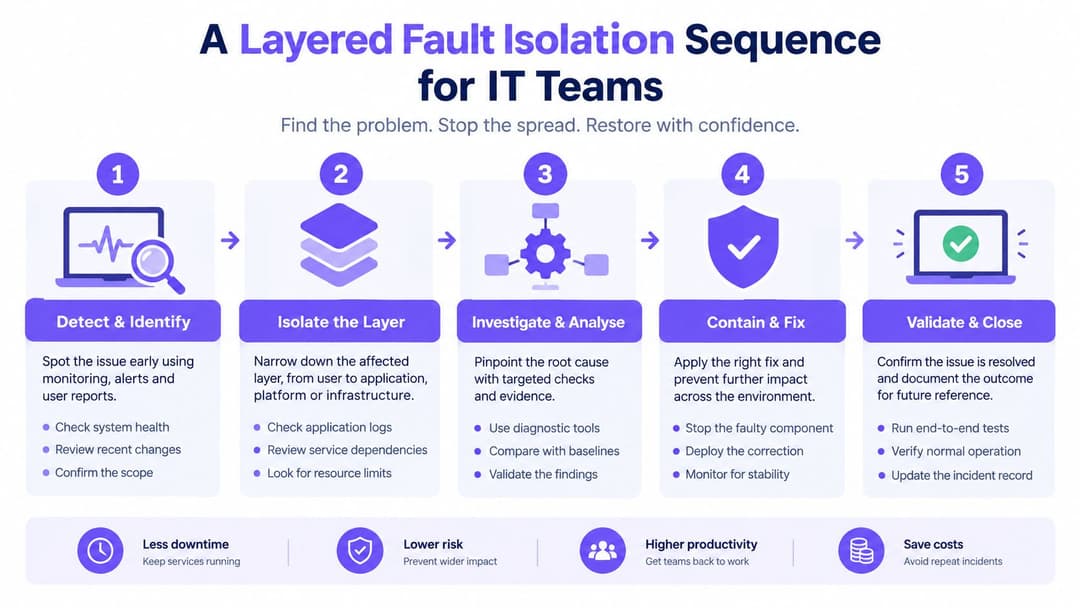 A five-step infographic showing a layered fault isolation sequence for IT teams to resolve technical issues effectively.
