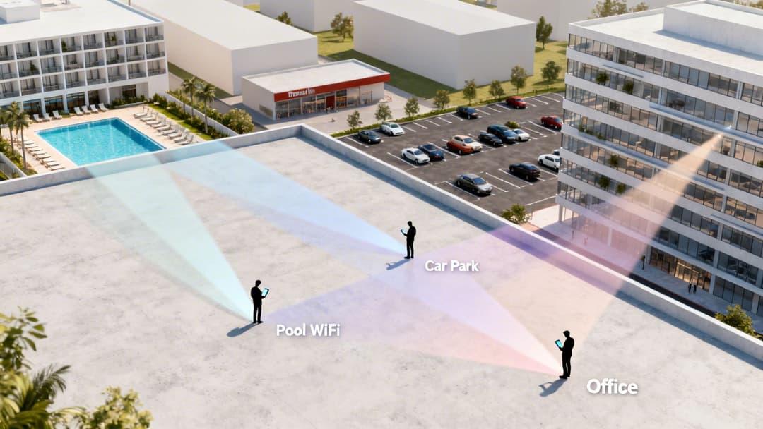 Vue depuis un toit de personnes démontrant la couverture d'une antenne WiFi externe pour une piscine, un parking et un bureau.