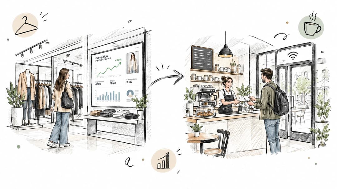 Uma ilustração digital mostrando um painel de análise de dados de uma loja de varejo em transição para uma cena de experiência do cliente em um café.