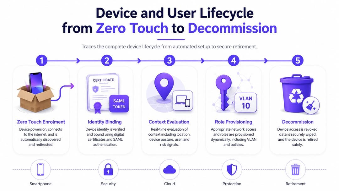 A diagram illustrating the five stages of the device and user lifecycle from zero touch to decommission.