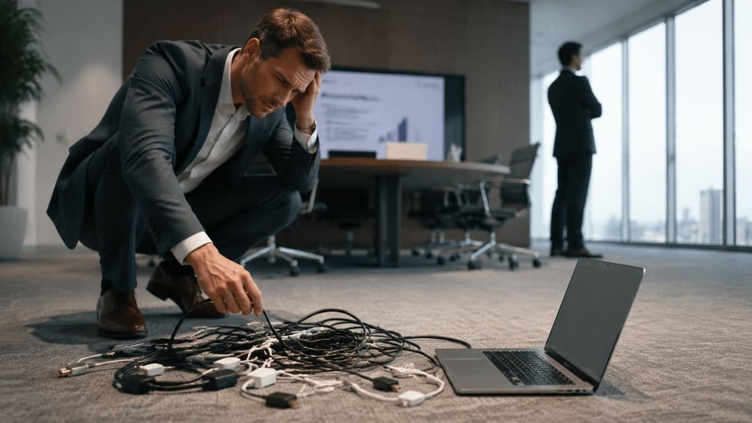 Um empresário estressado ajoelhado no chão, frustrado por uma bagunça emaranhada de cabos e conectores de computador.