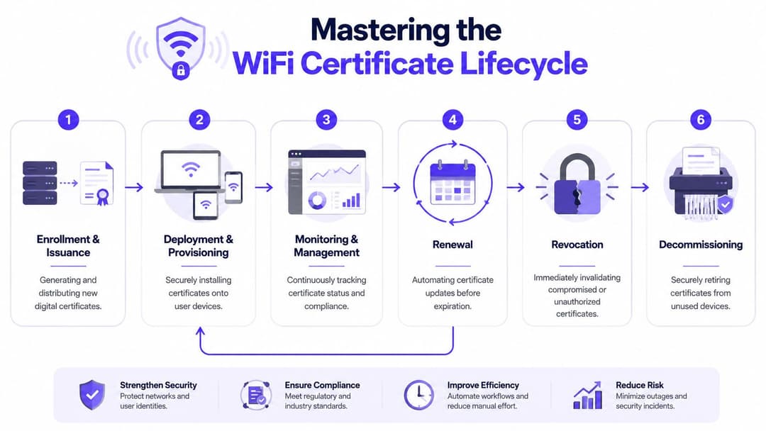 An infographic illustrating the six steps of the WiFi certificate lifecycle from enrollment to decommissioning.