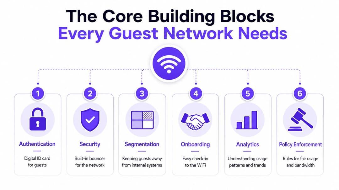 An infographic illustrating six core building blocks essential for managing a secure and efficient guest WiFi network.