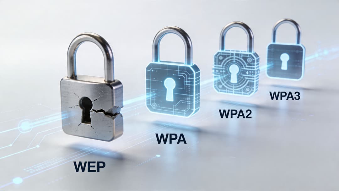 Un elemento grafico digitale che mostra una progressione di protocolli di sicurezza wireless tra cui WEP, WPA, WPA2 e WPA3.