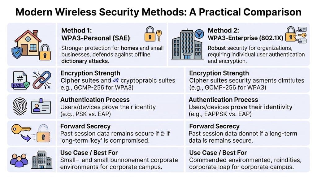 Una tabella di confronto che illustra le principali differenze tra i metodi di sicurezza wireless WPA3-Personal e WPA3-Enterprise.