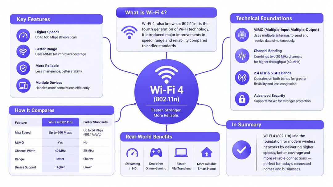 Eine Infografik, die die technischen Merkmale, Vorteile und Grundlagen der Wi-Fi 4 (802.11n) Funktechnologie erklärt.