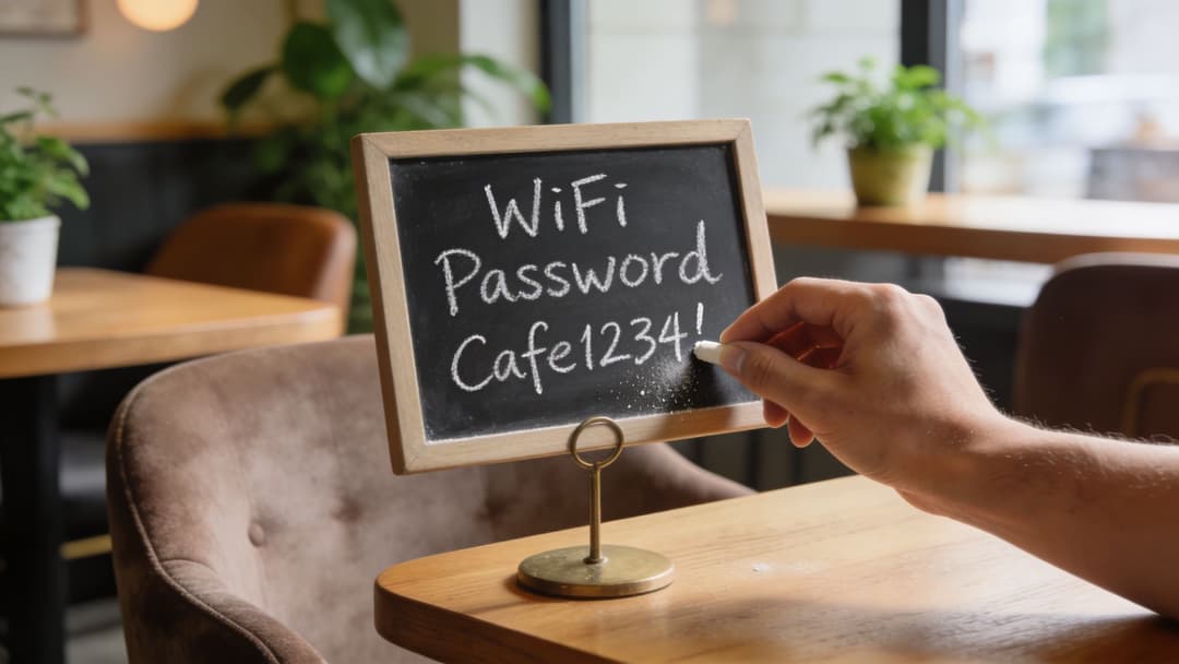 A person writing the WiFi password Cafe1234! on a small chalkboard sign placed on a wooden table.