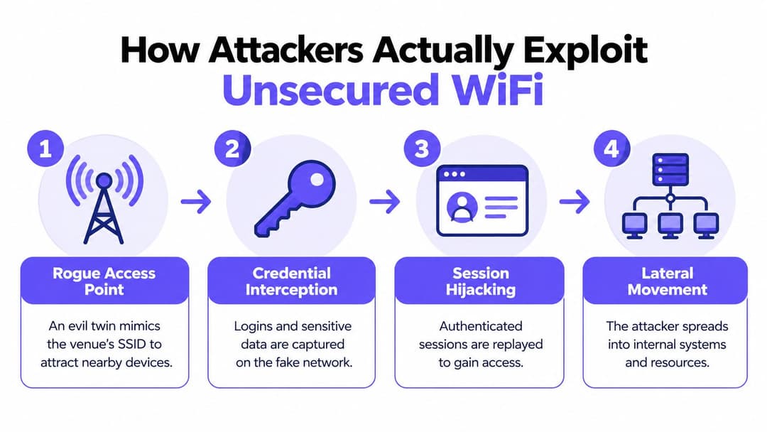 A four-step infographic illustrating how attackers exploit unsecured WiFi through rogue access points and session hijacking.