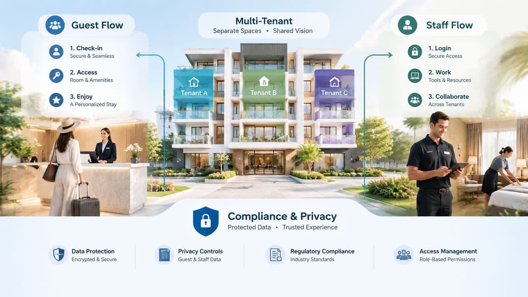 A diagram illustrating a multi-tenant property management system featuring separate guest and staff flows with data security.