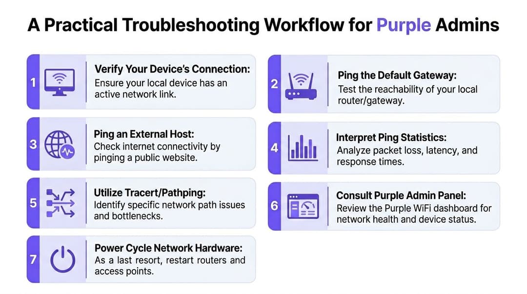 Un diagrama de flujo numerado que describe un flujo de trabajo práctico de resolución de problemas de red en siete pasos para administradores de sistemas de Purple WiFi.